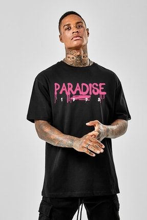 Erkek Oversize T-shirt Paradise Ön Baskı Siyah paradisedp