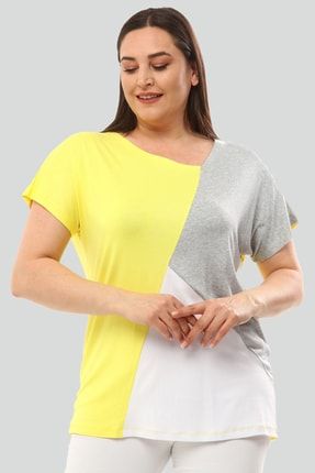 Kadın Büyük Beden Renk Bloklu Sarı Bluz 6551