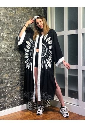 Kadın Siyah Renk Rüya Kapanı Desen Viskon Kumaş Kimono 00612