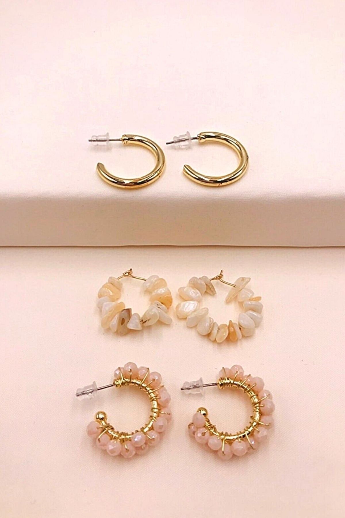 PETEK AKSESUAR Natural Stone And Crystal Hoop Earring Set Ecru
