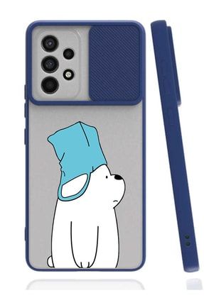 Samsung Galaxy A52 Uyumlu Kılıf Lens Sürgülü Slider Tasarım Silikon Kapak - Bear-Cute-Lacivert 53D182859D53DDi