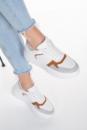 Beyaz Bağcıklı Kahverengi Gri Detaylı Günlük Sneaker Ayakkabı kcli-spor-4