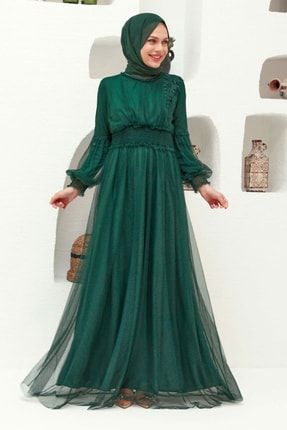 Tesettürlü Abiye Elbise - Dantel Detaylı Yeşil Tesettür Abiye Elbise 56520y ARM-56520