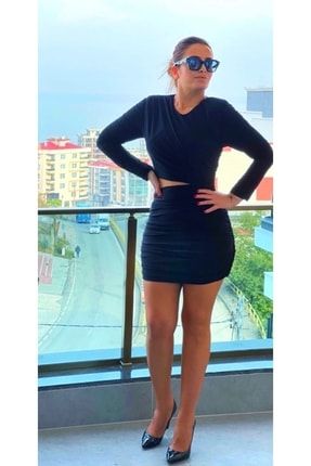 Likralı Drapeli Dekolteli Vatkalı Mini Elbise Sayende115