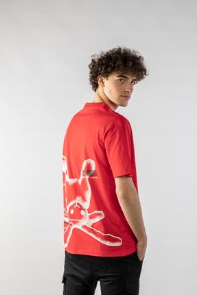 Kırmızı Erkek Baskılı Oversize Kısa Kollu T-shirt PJ1007