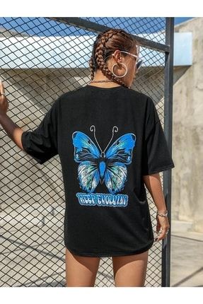 Kelebek Baskılı Oversize Siyah T-shirt T024