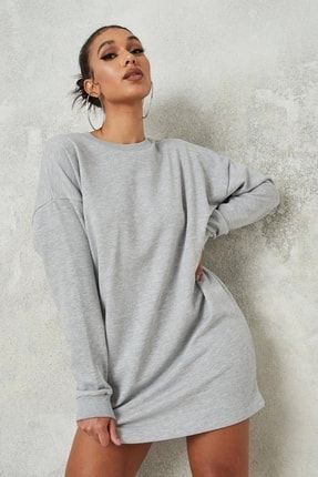 Kadın Gri Oversize Sweatshirt Günlük Elbise Mevsimlik Kumaş Şardonsuz Pamuklu 5043 ELBSWTSWELBS