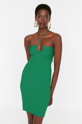 Yeşil Fitil Detaylı Askılı Triko Elbise TWOSS22EL2319