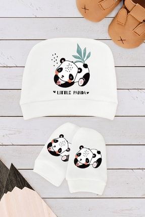 Panda Organik Yeni Doğan Eldiven Şapka Hediyelik 2 Li Takım Doğum Seti Hediyesi Pamuklu Baskılı KIO-ES42