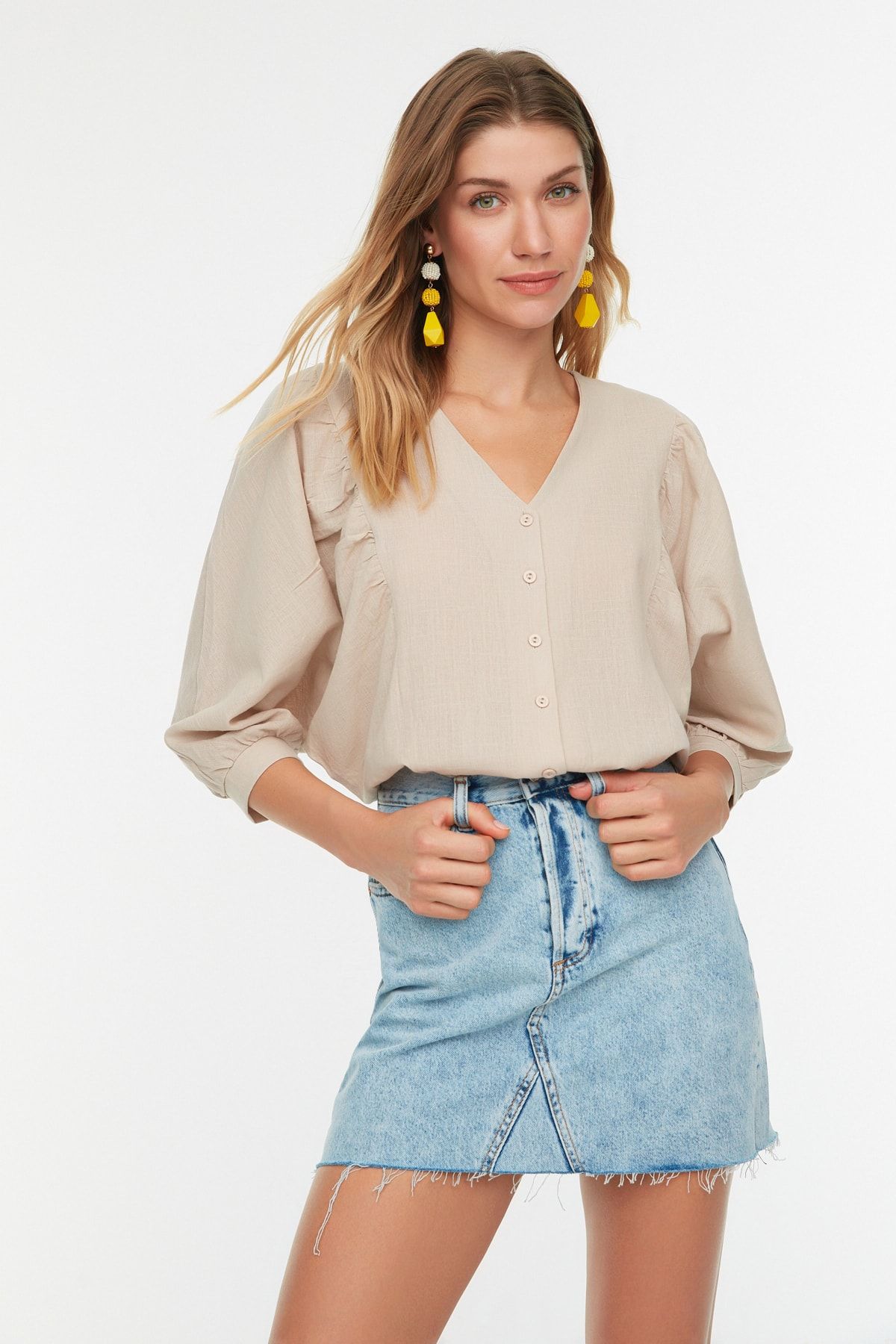 Trendyol Collection-Tkaná košile s netopýřím rukávem – Stone, Regular, Fit TWOSS20GO0076 3