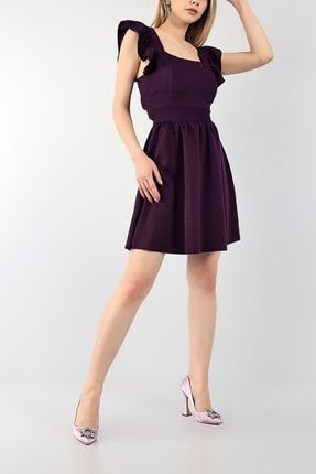 Mor Bağlamalı Sırt Dekolteli Tasarım Mini Yeni Sezon Elbise 139257 Tarz Elbise DMAT-139256