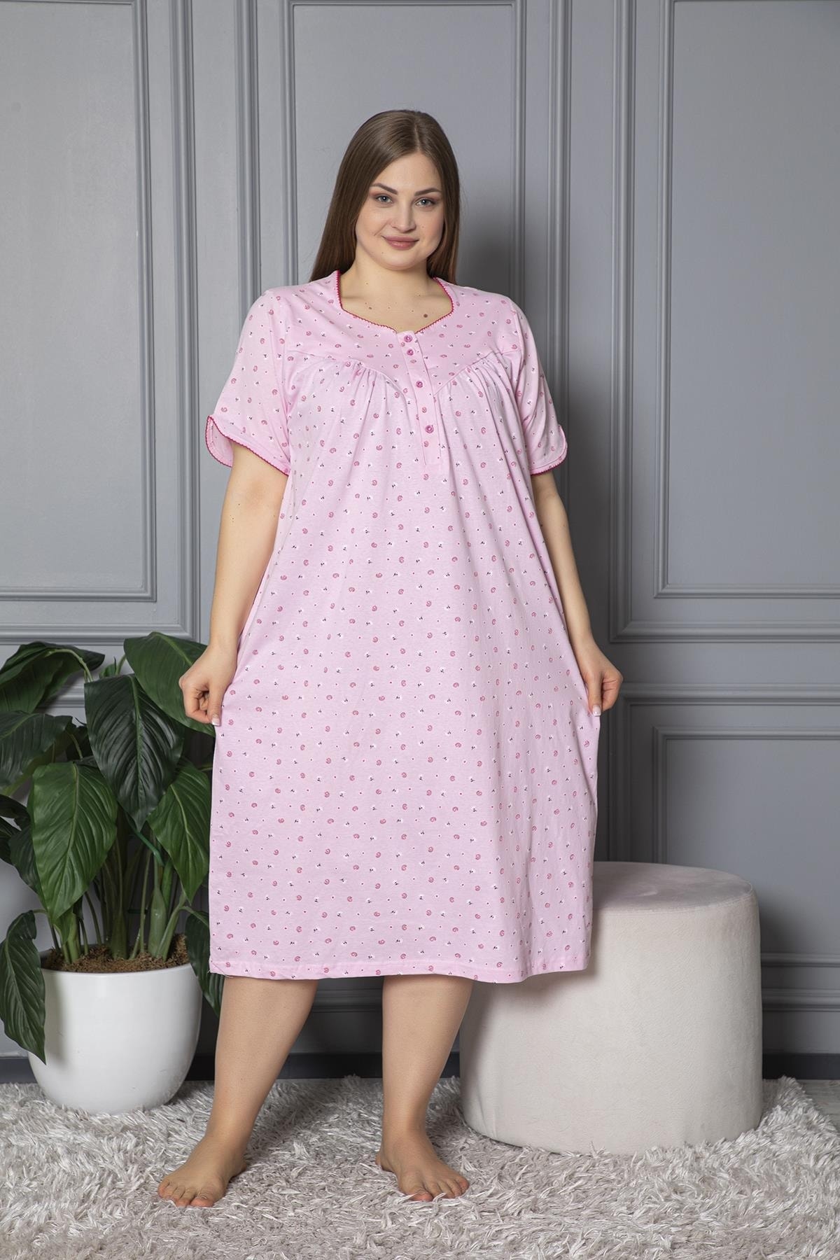 SEBOTEKS %100 Pamuklu Kısa Kol Penye Büyük Beden Anne Geceliği 127