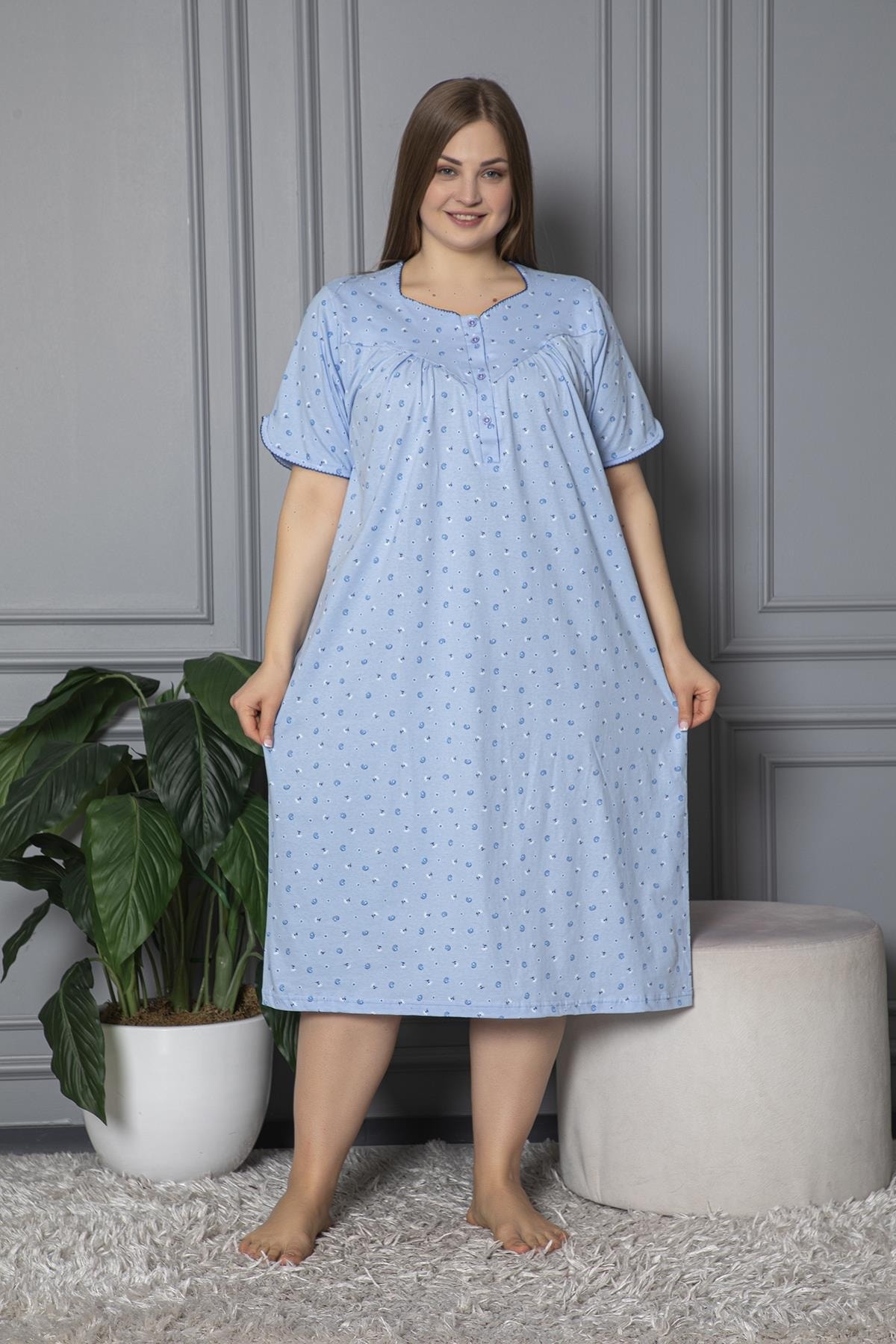 SEBOTEKS %100 Pamuklu Kısa Kol Penye Büyük Beden Anne Geceliği 127