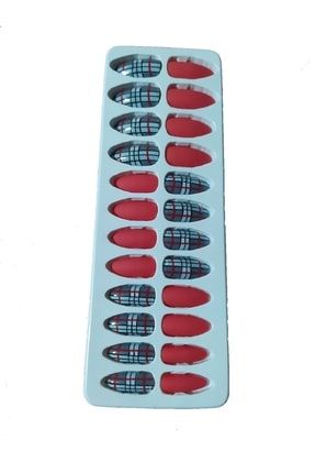 24 Lü Silikon Yapışkanlı Badem Model Takma Tırnak ( Parlak Ve Mat 2 Renk ) kırmızı+gri