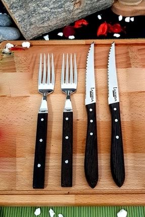 Mutfak Bıçak Seti Steak Et Çatalı Et Bıçağı Restoran Şık Venge Ağaç Sap Kısmı 4 Lü BRS56