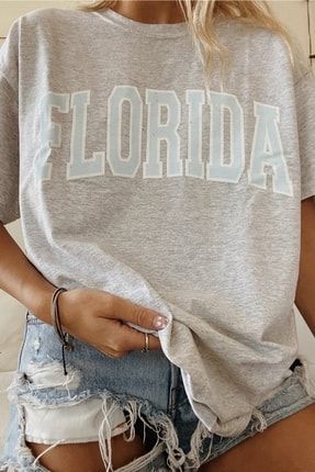 Kadın Florıda Baskılı Gri Bol Kesim Tshirt Florida01