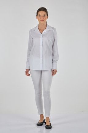 Düz Yaka Düğmeli Uzun Kollu Beyaz Kadın Bluz 22103100