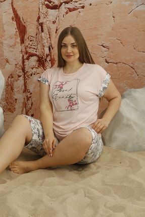 Kadın Büyük Beden Kısa Kollu Kaprili Pembe Çiçekli Pijama Takımı 90280-21 90280arcan