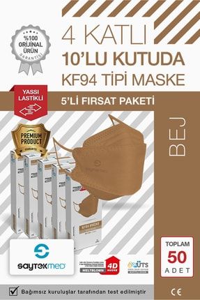 N95/ffp2 Kore Tipi 4 Katlı Bej Maske, Tekli Poşet, Uv Steril (5 KUTU/ 50 ADET) N95-ADT-50