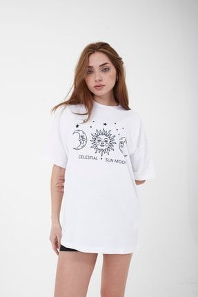 Unisex Oversize Celestial Baskılı Beyaz T-shirt 01CLST