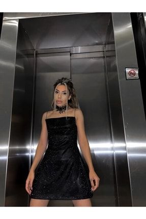 Özel Tasarım Simli Siyah Mini Elbise 666