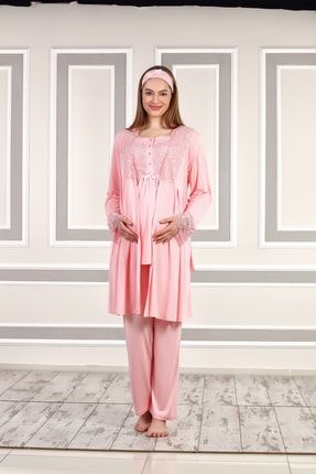 Kadın Pembe Dantelli Pamuklu Lohusa Hamile Sabahlık Pijama Takımı Bandana Set 4115