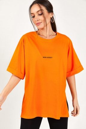 Kadın Turuncu New Jersey Baskılı Duble Kol Yırtmaçlı T-Shirt ARM-22Y024006