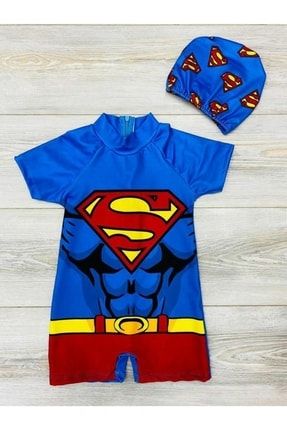 Erkek Çocuk Süperman Desenli Mavi Tam Vucud Mayo . Bonesi Dahildir. PM3103