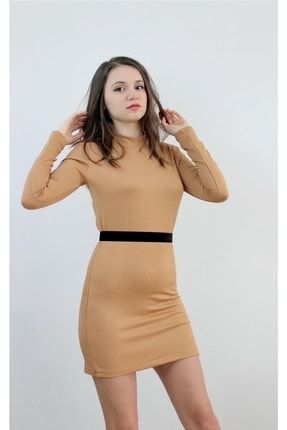 Örme Bej Dar Mini Kadın Elbise, Tasarım, Hediye, Büyük Beden,sevgililergünü MOIS0065
