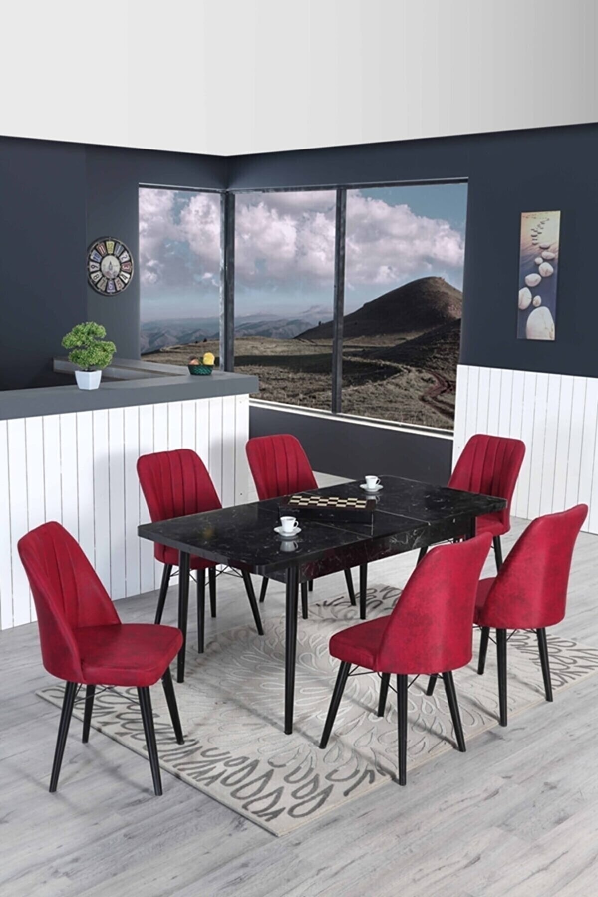 EMS MOBİLYA Siyah Mermer Desen Kelebek Masa, 6 Adet Karegold Sandalye