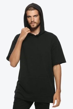 Erkek Kısa Kol Siyah Kapüşonlu Mevsimlik Kumaş Sweatshirt 5019 150 INCSSWT