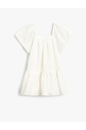 Işlemeli Kelebek Kol Volanlı Kare Yaka Fırfırlı Beyaz Elbise Pamuklu 2SKG80017AW