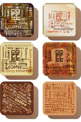 Coffee Kahve Yazılı Vintage Tarz 6lı Retro Ahşap Bardak Altlığı Seti 3361002771729