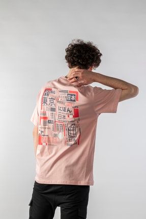 Pudra Erkek Tokyo Yazı Baskılı Oversize Kısa Kollu T-shirt PJ1013