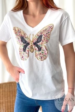Kadın Beyaz V Yaka Kelebek Pul Payet Işlemeli Pamuk T-shirt T82bnd