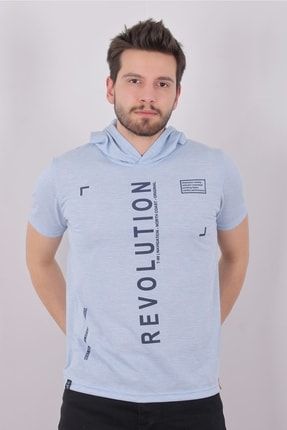 Erkek Revulotion Baskılı Kapüşonlu Mavi Tshirt 136-001