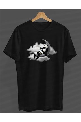 Ayda Pandalar Tasarım Unisex Kadın-erkek Siyah Yuvarlak Yaka Pamuk Kumaş T-shirt. S333580481240İYAHNVM