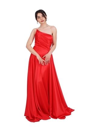 Kırmızı Yırtmaçlı Straplez Saten Abiye Elbise P-0000007168