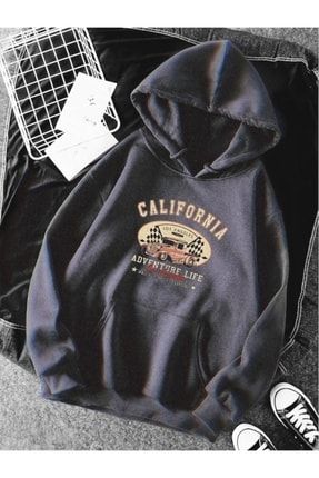 Trend Ahmet Kapüşonlu Kanguru Cepli California Baskılı Oversize Sweatshirt - Antrasit CALİFORNİA