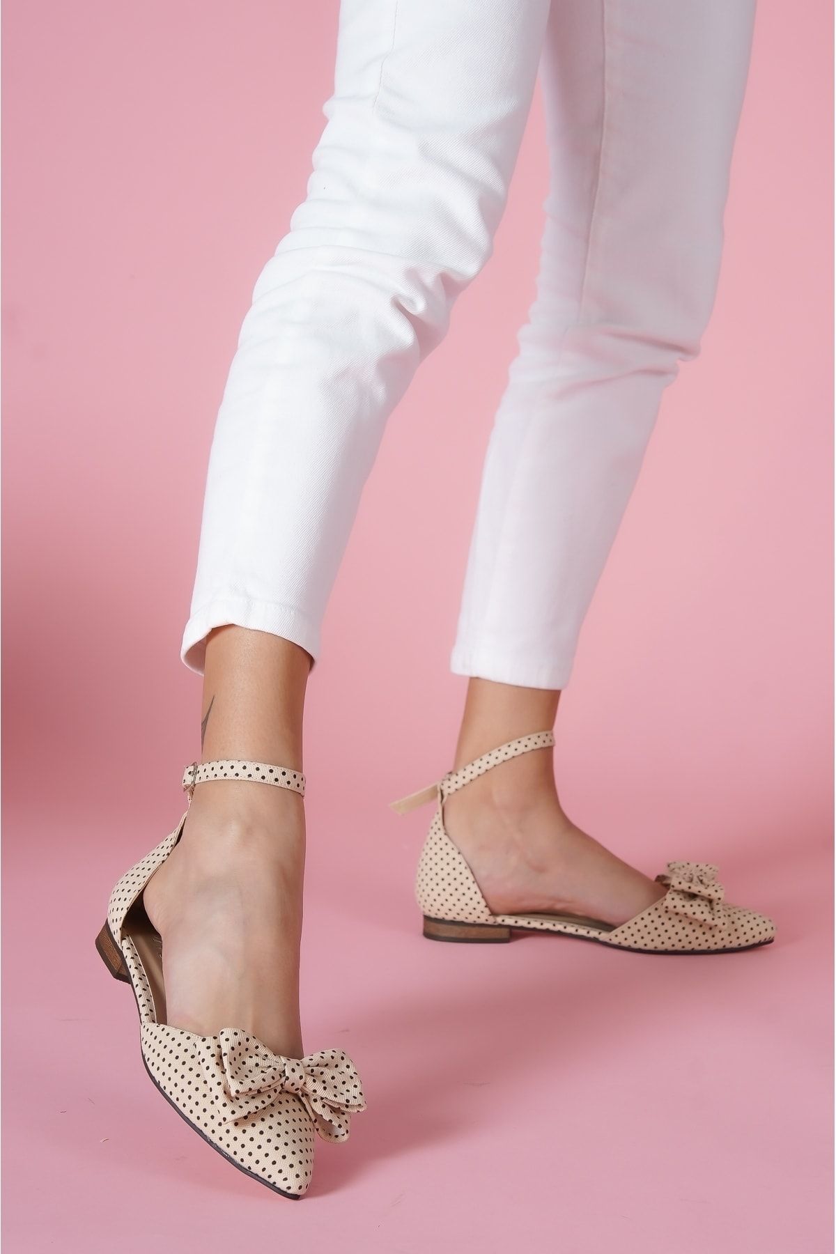 Beige flats with ankle strap sale