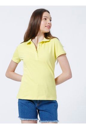 4163 Polo Yaka Standart Kalıp Düz Sarı Kadın T-shirt 5002777208