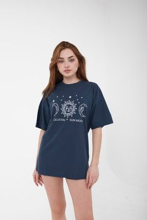 Unisex Oversize Celestial Baskılı Füme T-shirt 01CLST