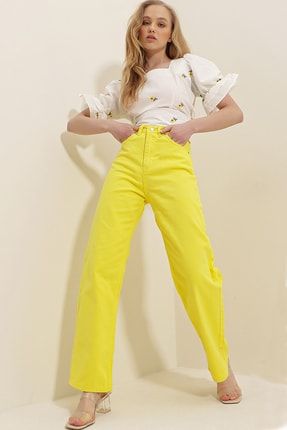 Kadın Sarı Yüksek Bel Bol Kesim Denim Pantolon ALC-X7759