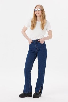 Yırtmaçlı Yüksek Bel Bootcut Jeans Koyu Mavi A50