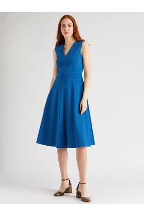Kadın Mavi V Yaka Rahat Kesim Elbise 20109-0016