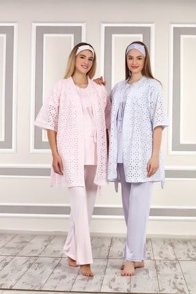 Kadın Pudra Keten Sabahlıklı Pamuklu Lohusa Hamile Sabahlık Pijama Takımı Bandana Set 4111