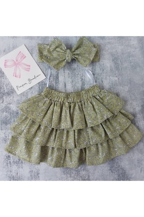 Kız Bebek Yeşil Çiçekli Etek Bandana Takım 6899la