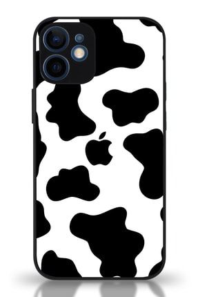 Iphone 12 Mini Uyumlu Kamera Korumalı Cam Kapak - Siyah Inek Desenli KM_CAMKPK_İP12MİNİ