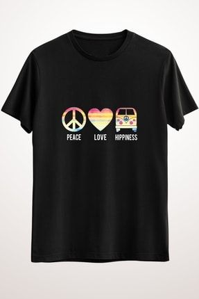 Erkek Siyah Peace Love And Hippiness 70's Retro Hippie Bus - Ds1668 DS1668