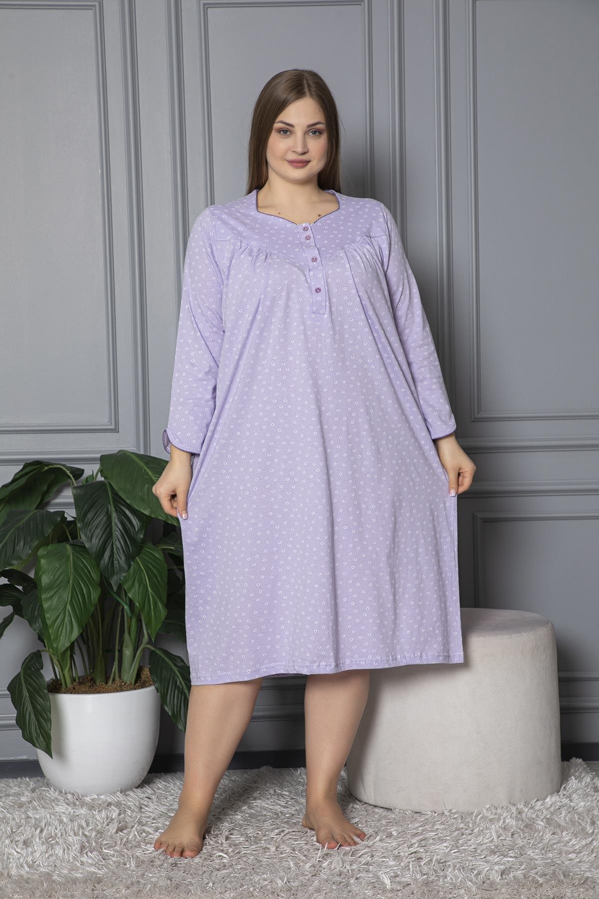 SEBOTEKS %100 Pamuklu Mevsimlik Uzun Kollu Penye Büyük Beden Anne Geceliği 833